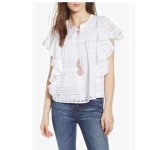 Rebecca Minkoff Womens Caro Eyelet Top Size XS Cotton Tassel White‎ Boho Cottage